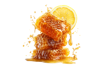 Stack of honeycomb with lemon slice isolated on transparent background