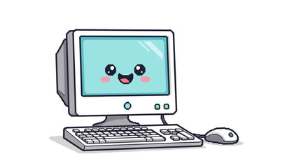 Friendly vintage computer character with keyboard and mouse on a white background
