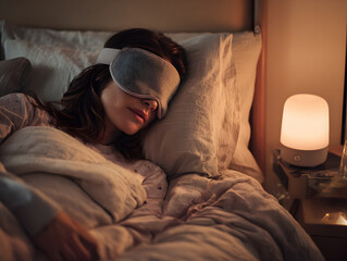 Woman wearing sleep tracking pajamas and eye mask sleeps peacefully in cozy bedroom with soft lighting and glowing night lamp on bedside table, creating calm atmosphere