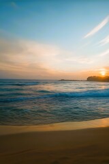 Fototapeta premium Tranquil Vertical Sunset Seascape with Golden Sand, Blue Ocean Waves, and a Gradient Sky. Warm and Cool Tones Create a Serene Tropical Beach Vacation Background.