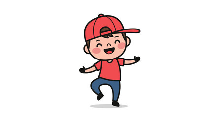 Joyful cartoon character illustration, a young boy in a cap having fun dancing with a cheerful smile