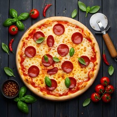 Flat lay round Italian pizza topped with pepperoni and melted cheese