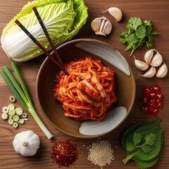 Flat lay Korean kimchi in a traditional ceramic bowl.
