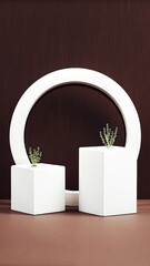Two white cubes with small plants in front of a white circle arch