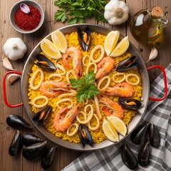 Flat lay photo of Japanese sushi on a wooden table with chopsticks.