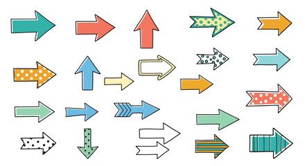 Playful assortment of direction arrows, hand drawn style, various designs for wayfinding,