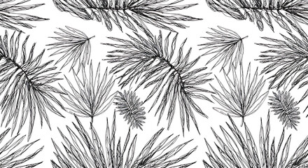 Hand-drawn scribble palm leaf line art seamless background, black on white