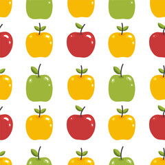 Cute vector seamless pattern with red yellow and green apples on a light background. Seamless pattern for textiles, packaging, and backgrounds.