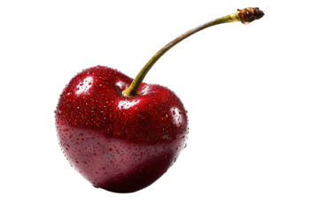 Single Ripe Red Cherry with Waterdrops on Transparent Background