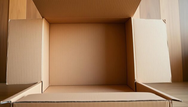Empty corrugated cardboard box, flaps open, revealing interior,  delivery,  disposal