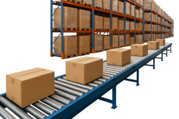 Cardboard boxes moving on a conveyor belt in a warehouse