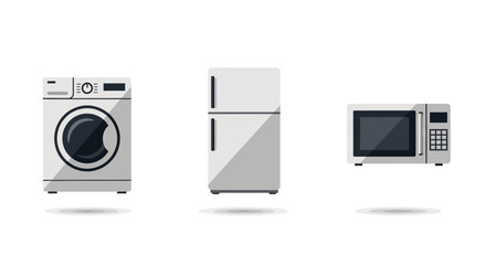 Modern flat design household appliances set - white washing machine, two-door refrigerator, and microwave oven.