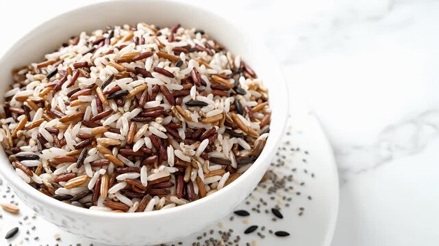 A bowl of rice with a white plate underneath it. The rice is a mix of brown and white grains