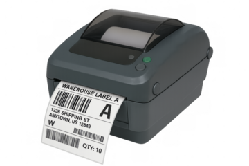 Label printer printing shipping barcode labels, transparent background