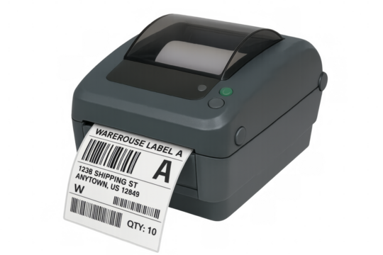 Label printer printing shipping barcode labels, transparent background