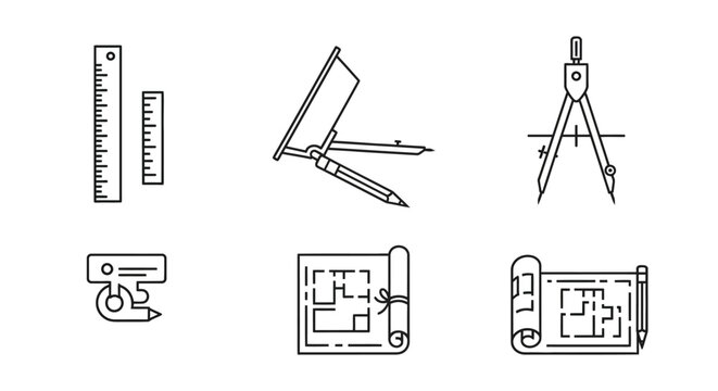 Monochrome line art icon set of drafting tools including rulers, compasses, a T-square, and architectural blueprints.