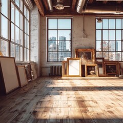 Fototapeta premium A spacious loft-style room filled with various framed artworks, showcasing natural light and a warm, inviting atmosphere.