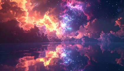 Stunning vista of a celestial landscape, featuring vibrant clouds reflecting in calm water below, capturing cosmic wonder