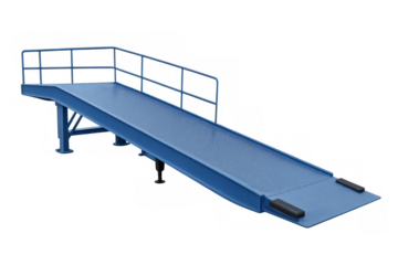 Blue industrial forklift loading ramp on transparent background