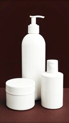 White cosmetic containers including pump bottle and jar