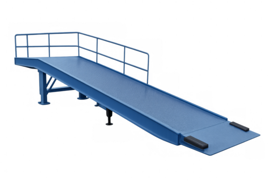 Blue industrial forklift loading ramp on transparent background