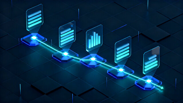 Futuristic data flow with glowing line connecting platforms and document style icons above them