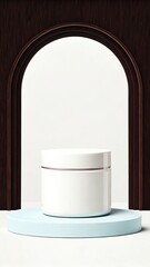 White cosmetic jar on blue circular stand with arch