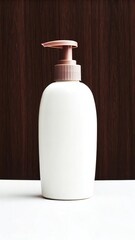 White pump bottle with brown cap on wooden background