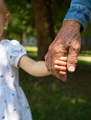 Grandparent holding young child's hand outdoors creating lasting memories together family bonding