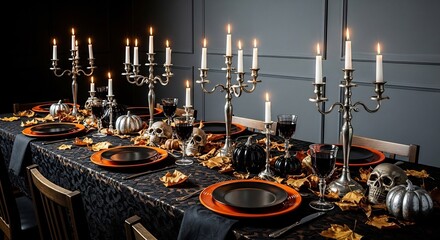 Halloween table setting with candelabras skulls pumpkins leaves plates wine glasses on a patterned black tablecloth