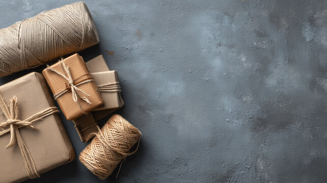 Natural kraft paper packages tied with twine and string on textured gray surface, eco friendly sustainable packaging concept with rustic style and neutral tones