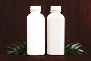 Two white bottles with green leaves on a dark background
