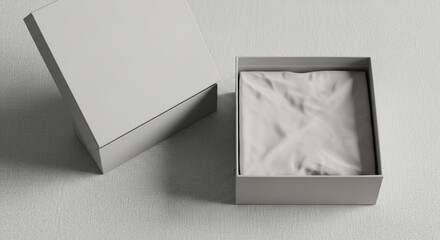 Luxurious Minimalist Packaging Open Gray Gift Box with Cloth on Textured Surface