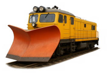 Yellow snowplow train on tracks removing snow