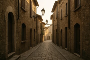Obraz premium Italian village alley with historic stone buildings at sunset