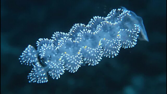 Ethereal Bioluminescent Pyrosome Colony Drifting in Deep Ocean.