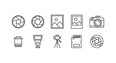 Set of ten minimalist black outline icons for photography, including camera, lens, aperture, flash, and memory card.