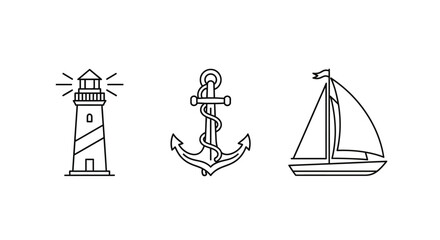 Set of three nautical line art icons - a shining lighthouse, a rope-wrapped anchor, and a simple sailboat.