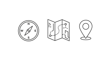 Simple Line Art Icons of Compass, Map, and Location Pin.