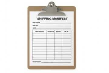 Clipboard with shipping manifest document on transparent background