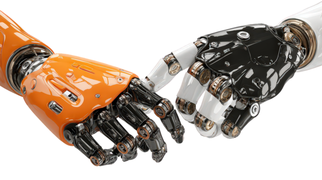 Closeup Of Two Futuristic Robotic Hands Touching