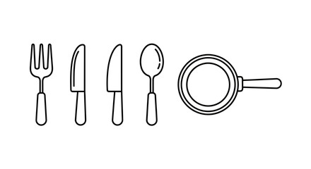 Simple Outline Kitchen Utensils and Frying Pan Icons Set.