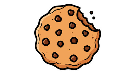 Whimsical illustration featuring a partially eaten chocolate chip cookie on a white background
