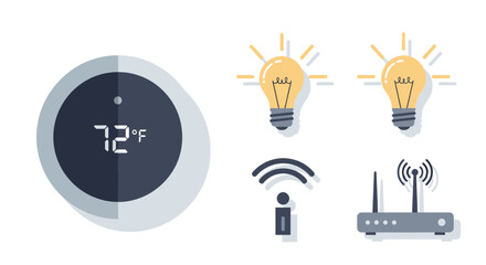Smart Home Devices - Thermostat, Light Bulbs, WiFi Router, and Remote Control.