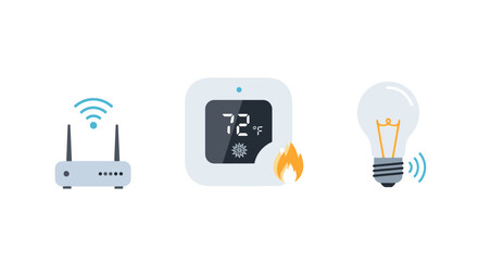 Smart Home Technology Icons - Router, Thermostat, and Light Bulb.