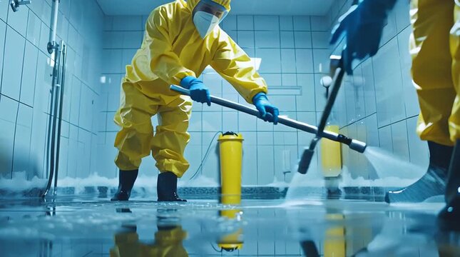 Hazmat suit sanitation biohazard cleanup decontamination protective gear disinfectant bathroom tile cleaning foam chemical spill sterile hygiene