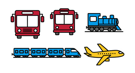 Transportation Icons - Buses, Train, and Airplane, in Flat Vector Style with Bold Outlines.