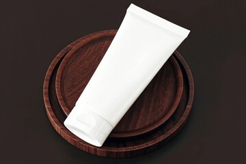 White cosmetic cream tube on a dark wooden plate