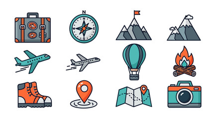 Travel and Adventure Icon Set - Suitcase, Compass, Mountains, Airplane, Hot Air Balloon, and More.