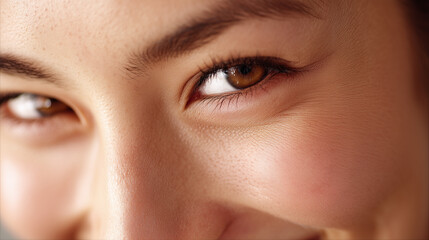 Obraz premium Ultra macro close up of brown eye with smooth skin and natural eyebrow showing detailed texture and soft lighting creating warm and inviting expression